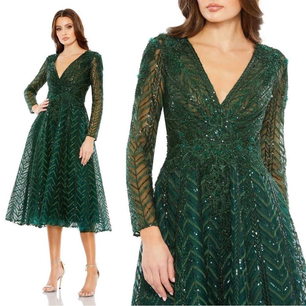 Mac Duggal Emerald Green Beaded Midi Dress